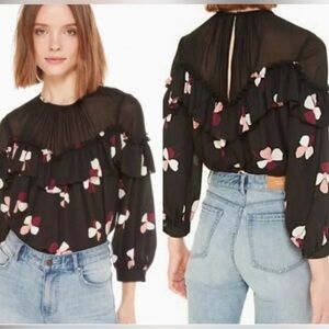 Kate Spade Black Floral Glitzy Ritzy Dusk Buds‎ Ruffle Top